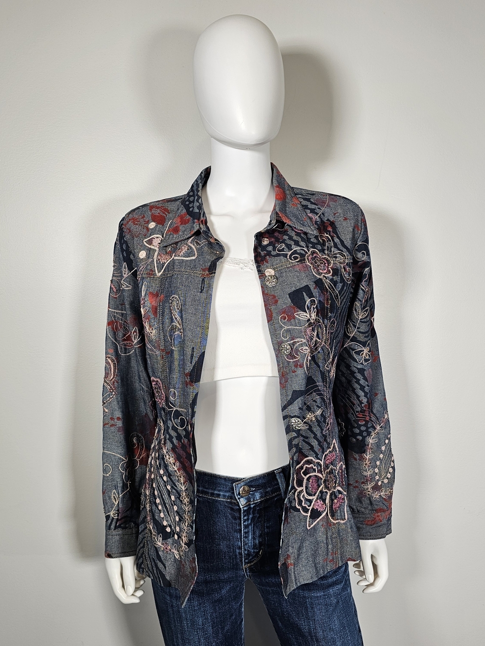 Allure Denim-Look Floral Embroidered Jacket - Blue with Red & Cream Accents Sz M